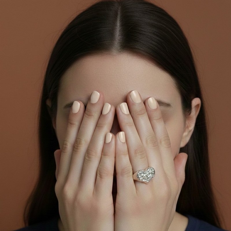 A lifestyle shot of the Chevalier Heart Silver Ring worn as a statement piece, featuring its unique handcrafted texture and sculptural heart design as it stands out against a minimal background