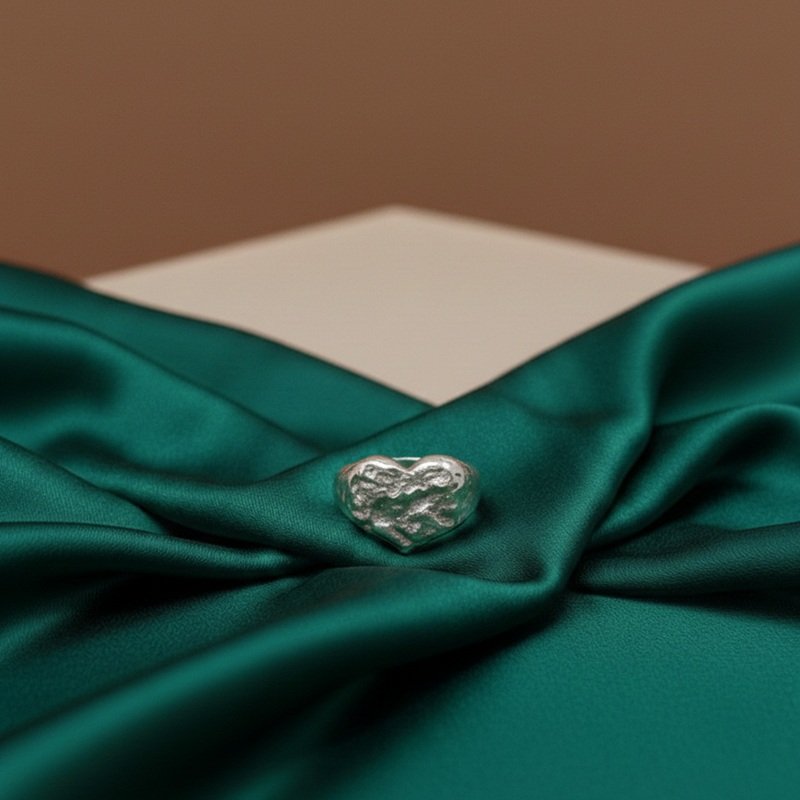 A handcrafted 925 sterling silver chevalier ring with a sculptural heart shape, displayed on dark green silk