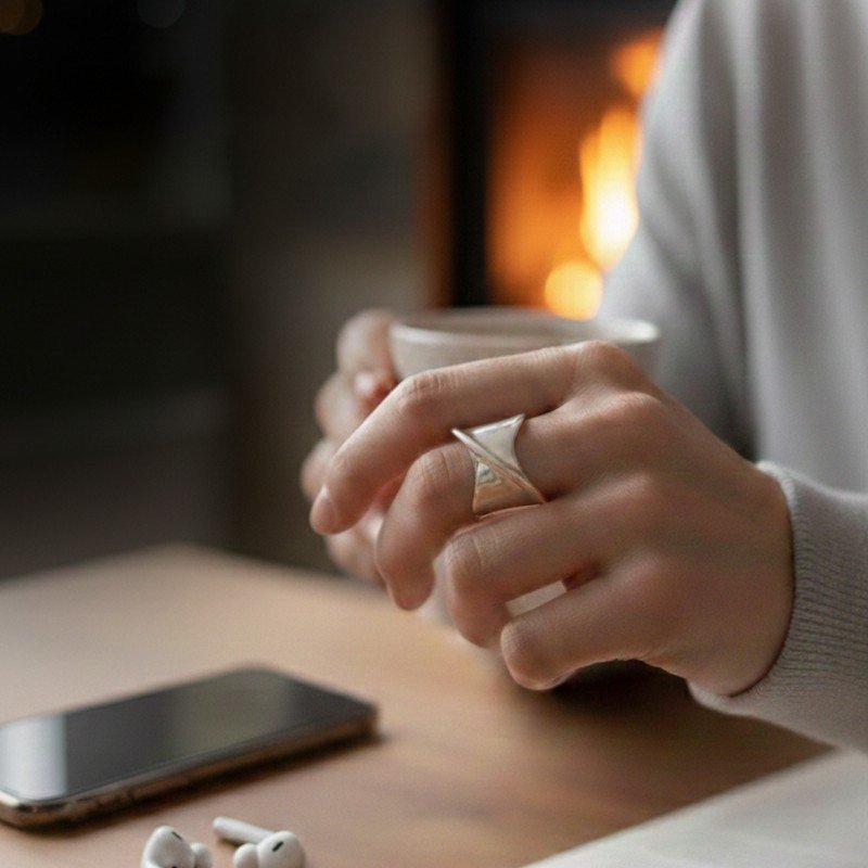 A modern wide-band silver ring with a geometric cross design, styled in a cozy home setting with a blurred fireplace background