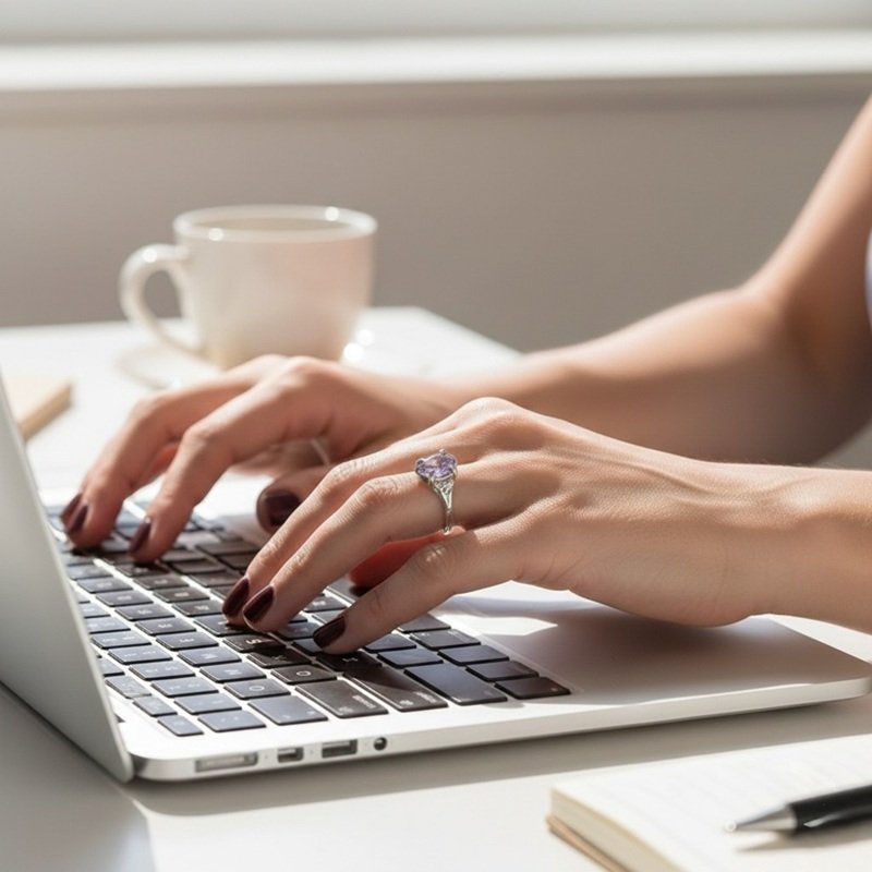 A woman wearing the handcrafted Rocky Drop Signet Ring with a purple gemstone while working on a laptop, showcasing its elegant and modern style in a daily setting.