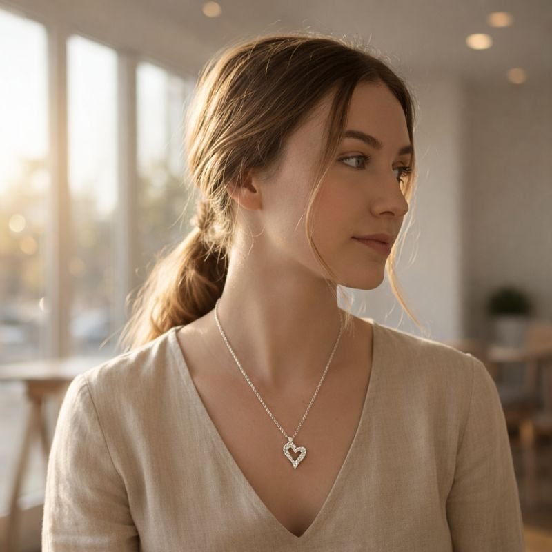 A young woman wearing the handcrafted Sculpted Heart Silver Necklace by KRINIA, showcasing its elegant and organic design in a bright, modern setting.